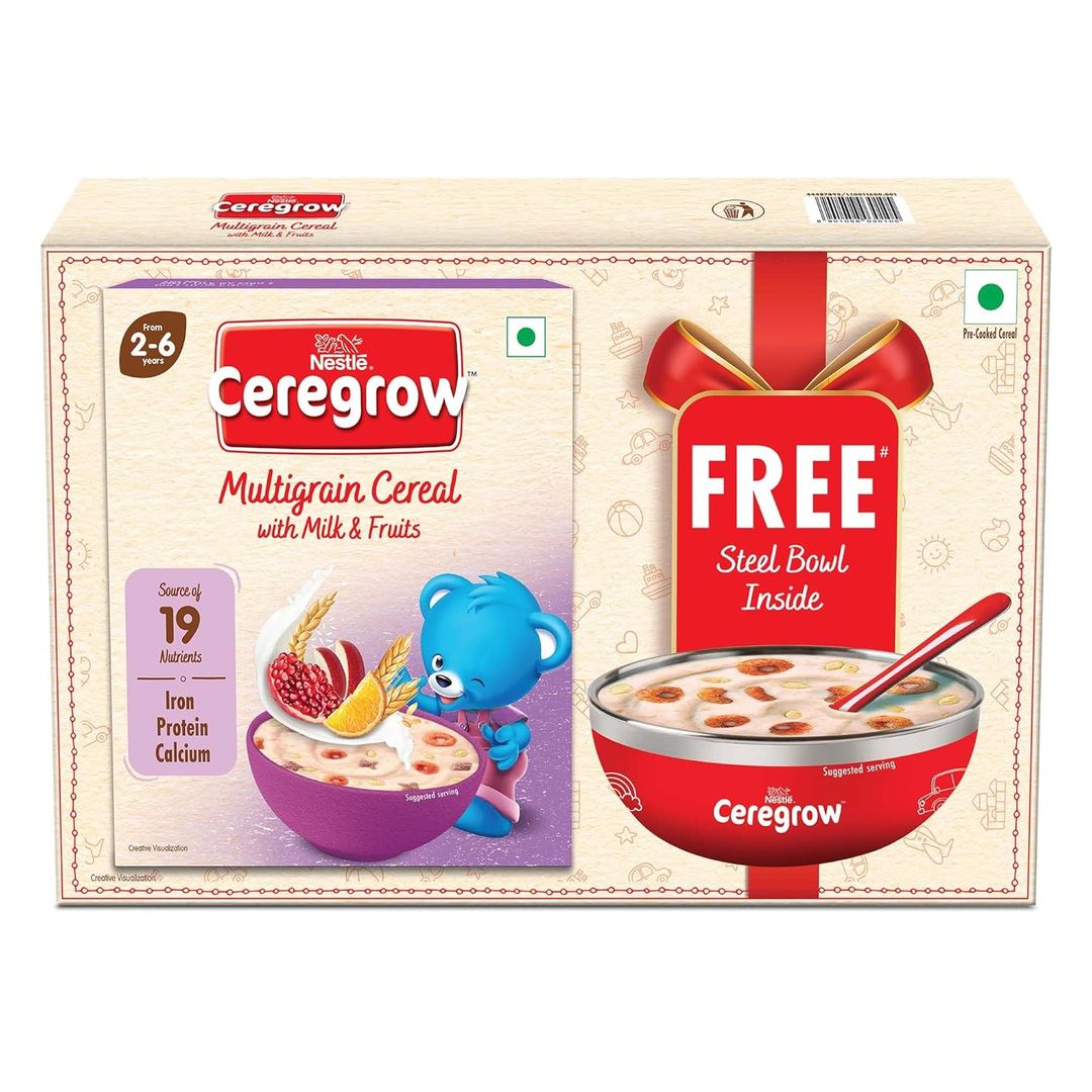 CEREGROW Multigrain Cereal with Milk & Fruits, 19 Nutrients (Iron, Protein, Calcium), Free Bowl worth 125 inside, 300g