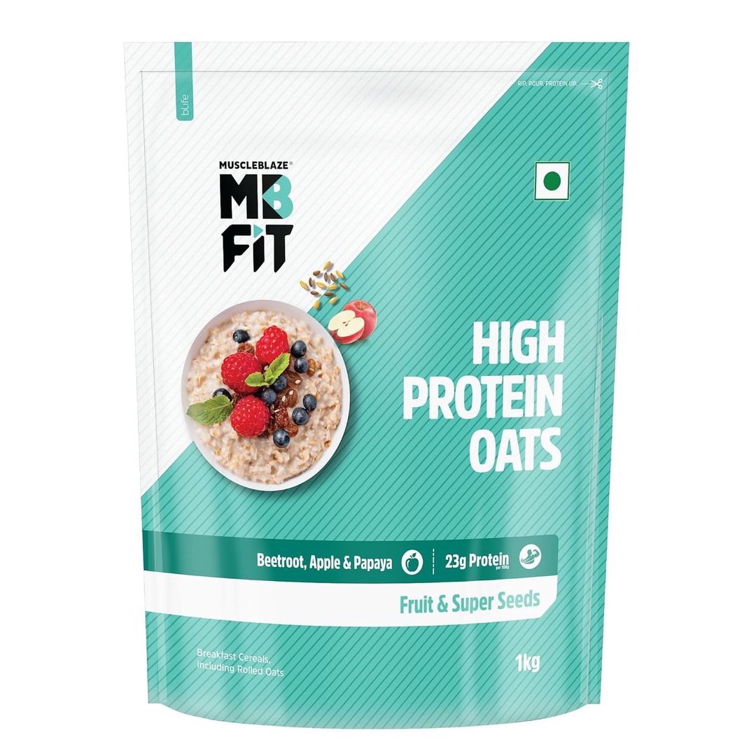 MuscleBlaze Fit High Protein Oats (Fruit & Super Seeds, 1kg) | 23g Protein | Breakfast Cereals for Weight Management