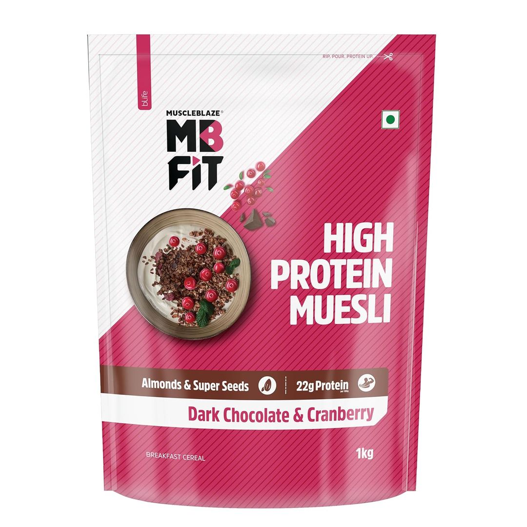 MuscleBlaze Fit High Protein Muesli |Dark Chocolate & Cranberry| 22g Protein |