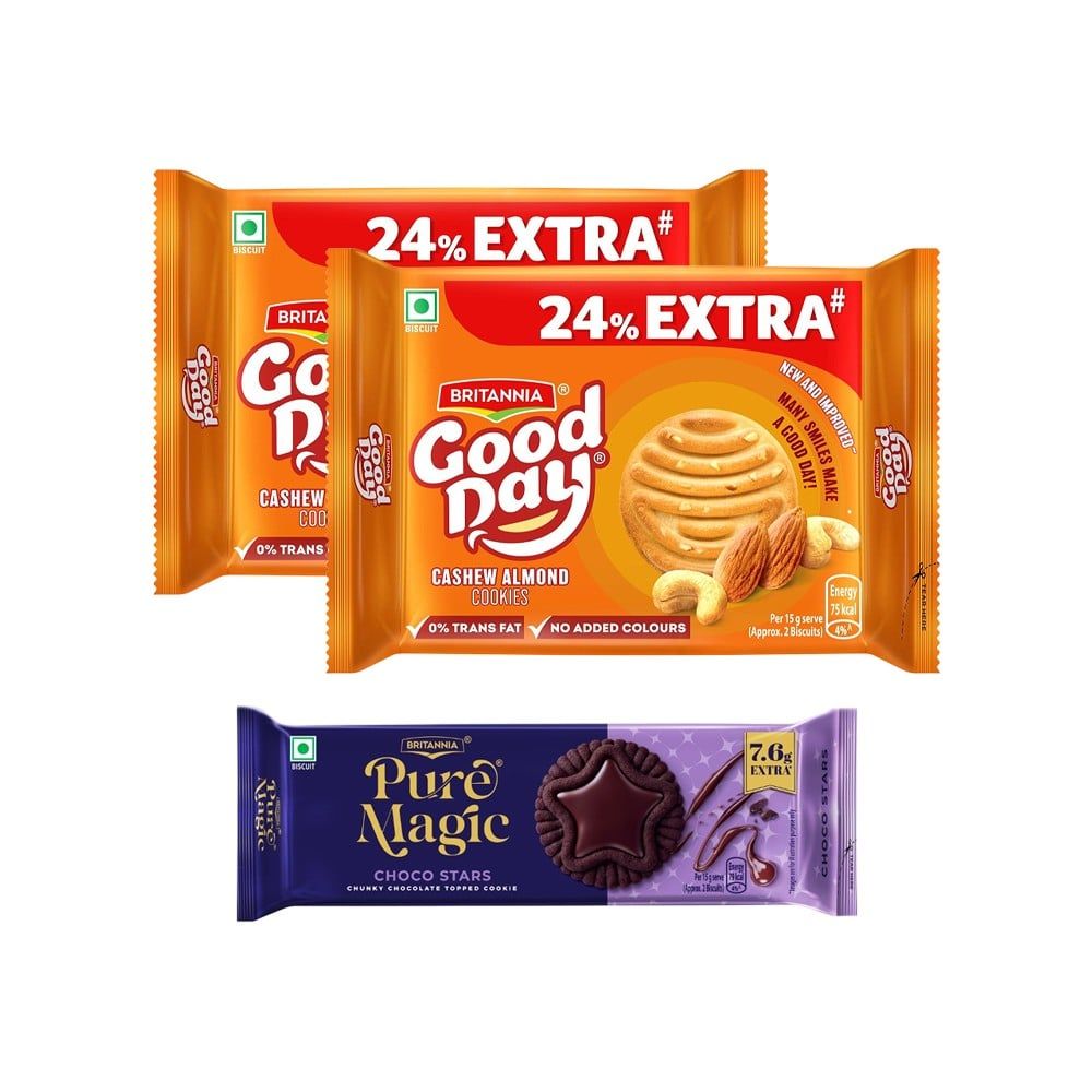 Britannia Good Day Cashew Biscuit x 2 + Britannia Pure Magic Choco Stars Chunky Chocolate Topped Cookies Combo