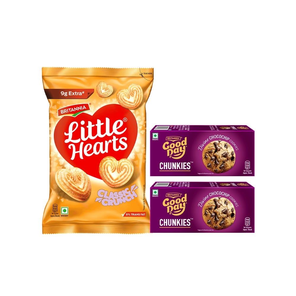 Britannia Good Day Chunkies Chocochip Cookies (75 g) x 2 + Britannia Little Hearts Classic Crunch Biscuit Combo