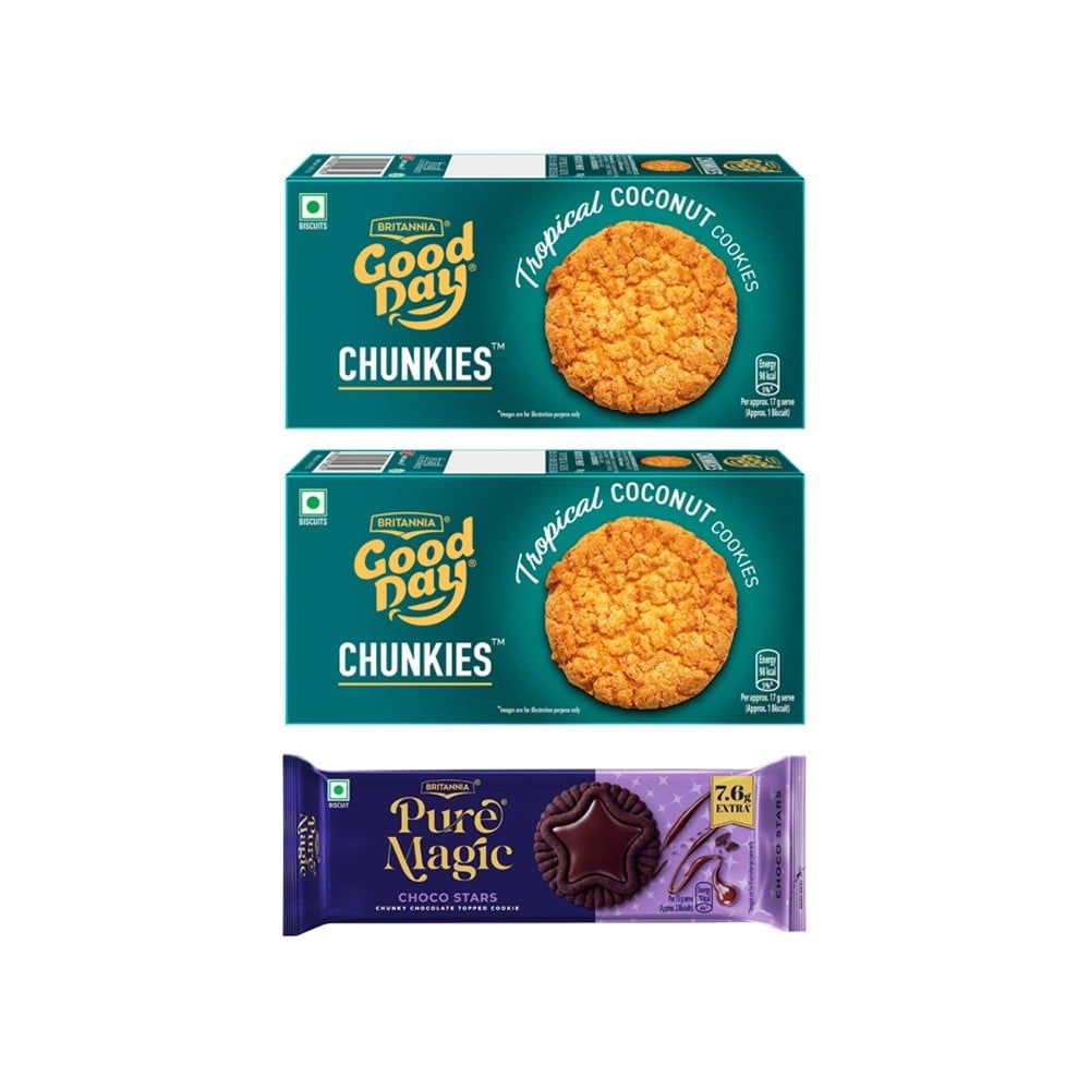 Britannia Good Day Chunkies Coconut Cookies x 2 + Britannia Pure Magic Choco Stars Chunky Chocolate Topped Cookies Combo