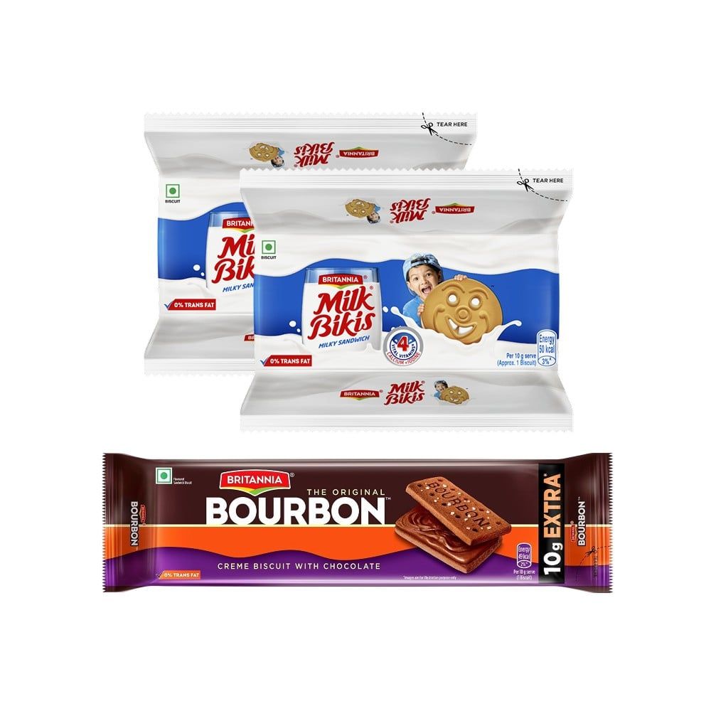 Britannia Milk Bikis Milk Sandwich Cream Biscuits x 2 + Britannia Original Bourbon Creme Biscuit Combo