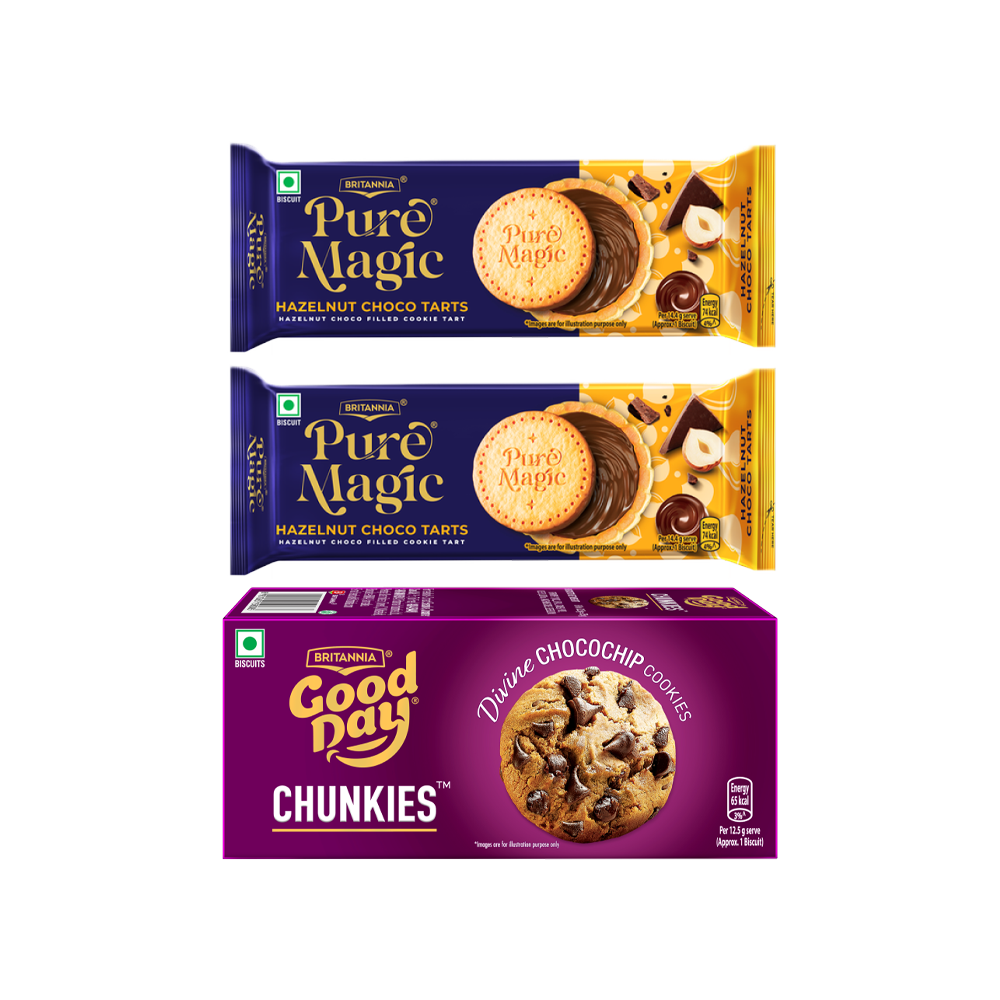 Britannia Pure Magic Hazelnut Choco Tart x 2 + Britannia Good Day Chunkies Chocochip Cookies (75 g) Combo