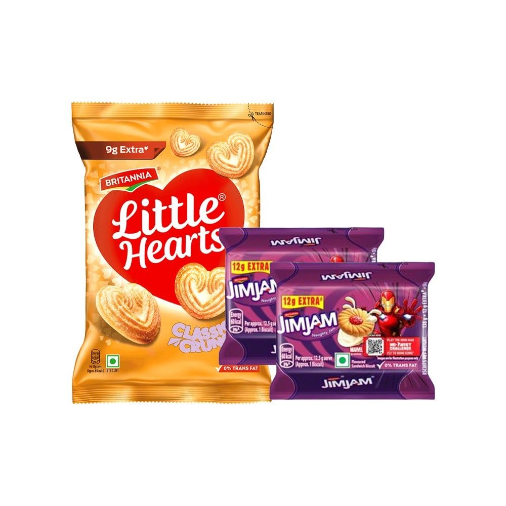 Britannia Treat Jim Jam jim Sandwich Cream Biscuits x 2 + Britannia Little Hearts Classic Crunch Biscuit Combo