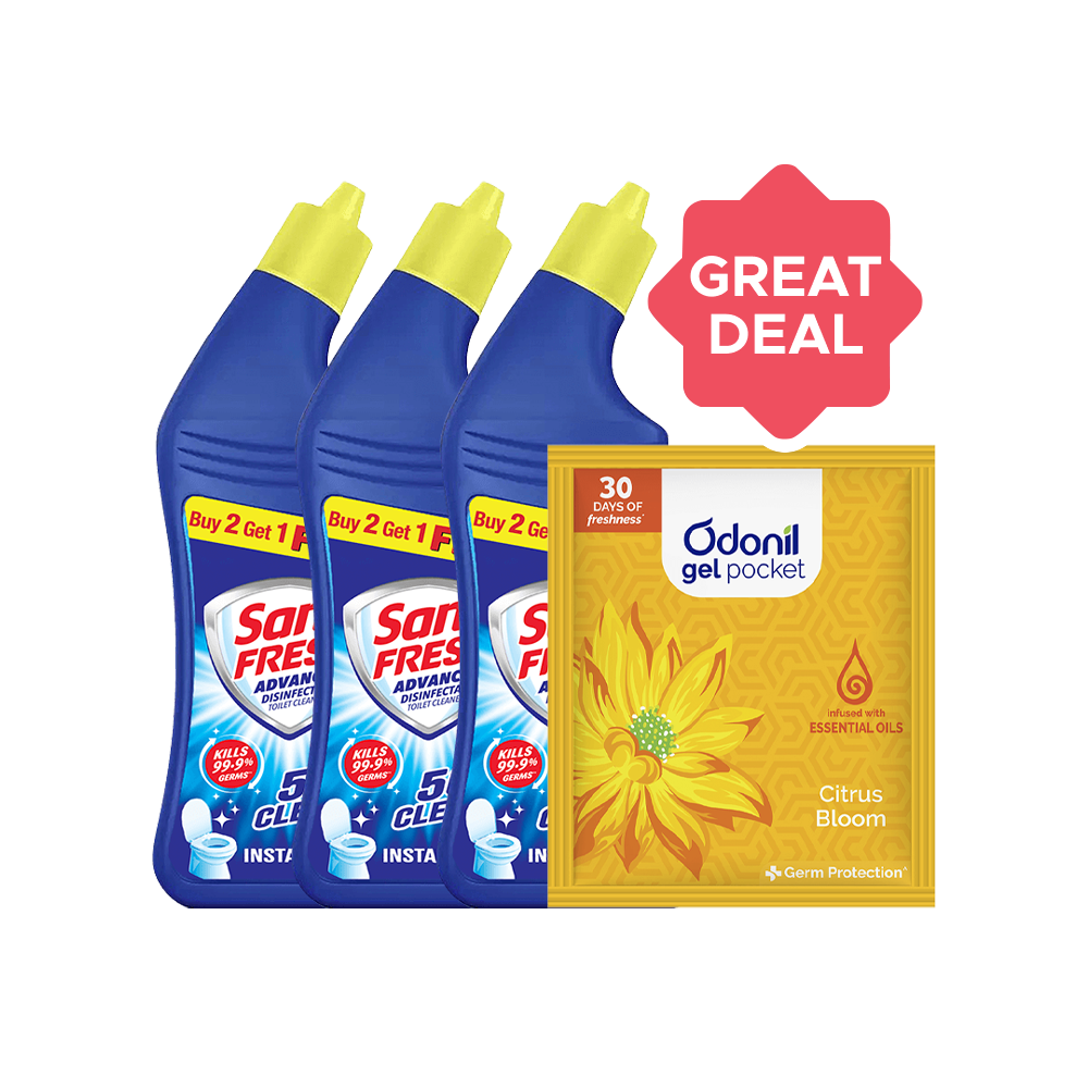 Sani Fresh Ultra Shine Toilet Cleaner - Buy 2 Get 1 Free + Odonil Gel Pocket Citrus Bloom Air Freshener Combo