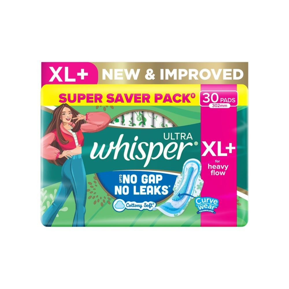 Whisper Ultra Upto No Gap No Leaks Sanitary Pads (XL+, 30 pieces)